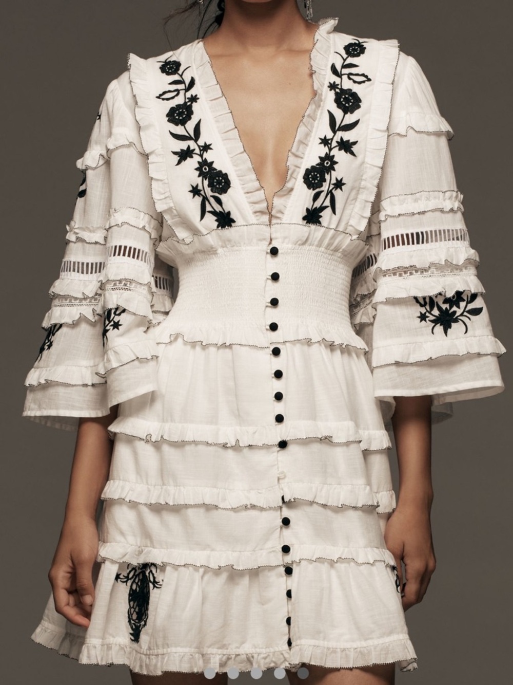EUC Anthropologie Embroidered V-Neck, ruffled White Mini Dress.